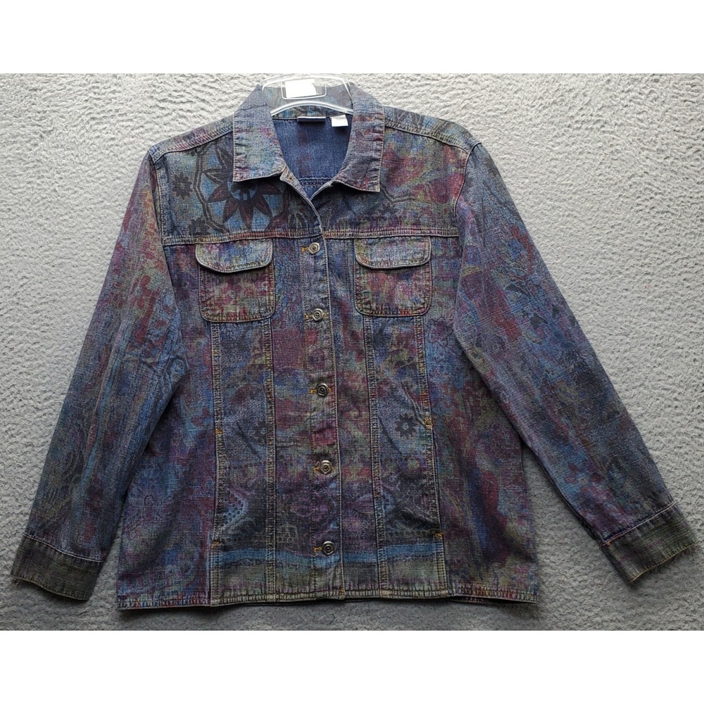 Vtg Chico's Jacket Womens Medium Multi Denim Floral Long Sleeve Button Front Y2k